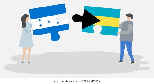 Couple holding two puzzles pieces with Honduran and Bahamian flags. Honduras and Bahamas national symbols together.