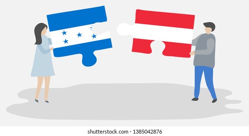 Couple holding two puzzles pieces with Honduran and Austrian flags. Honduras and Austria national symbols together.