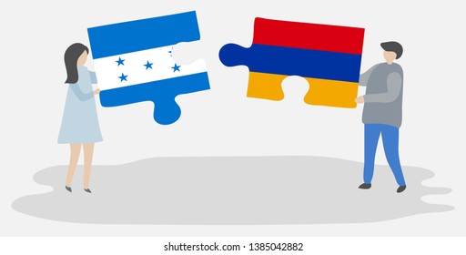 Couple holding two puzzles pieces with Honduran and Armenian flags. Honduras and Armenia national symbols together.