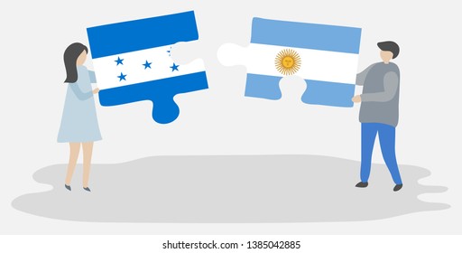 Couple holding two puzzles pieces with Honduran and Argentine flags. Honduras and Argentina national symbols together.