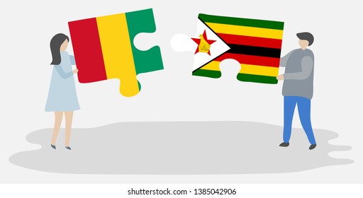 Couple holding two puzzles pieces with Guinean and Zimbabwean flags. Guinea and Zimbabwe national symbols together.
