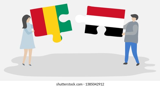 Couple holding two puzzles pieces with Guinean and Yemeni flags. Guinea and Yemen national symbols together.