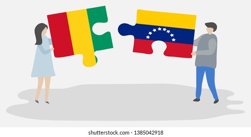Couple holding two puzzles pieces with Guinean and Venezuelan flags. Guinea and Venezuela national symbols together.