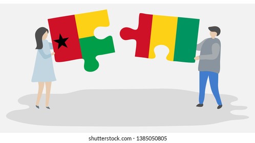 Couple holding two puzzles pieces with Bissau-Guinean and Guinean flags. Guinea-Bissau and Guinea national symbols together.