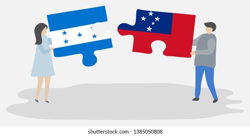 Couple Holding Two Puzzles Pieces With Honduran And Samoan Flags. Honduras And Samoa National Symbols Together.