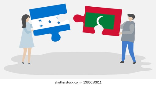 Couple holding two puzzles pieces with Honduran and Maldivian flags. Honduras and Maldives national symbols together.