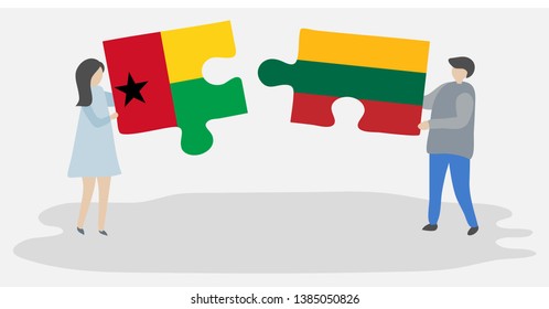 Couple holding two puzzles pieces with Bissau-Guinean and Lithuanian flags. Guinea-Bissau and Lithuania national symbols together.