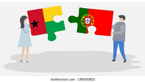 Couple holding two puzzles pieces with Bissau-Guinean and Portuguese flags. Guinea-Bissau and Portugal national symbols together.