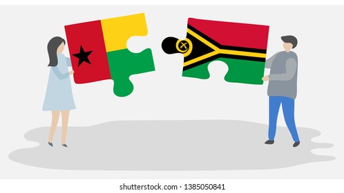 Couple holding two puzzles pieces with Bissau-Guinean and Vanuatuan flags. Guinea-Bissau and Vanuatu national symbols together.