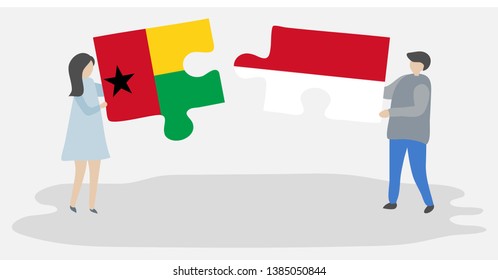 Couple holding two puzzles pieces with Bissau-Guinean and Monegasque flags. Guinea-Bissau and Monaco national symbols together.