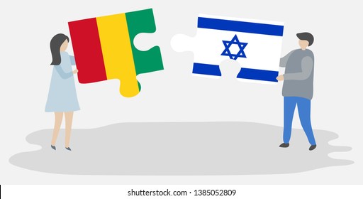 Couple holding two puzzles pieces with Guinean and Israeli flags. Guinea and Israel national symbols together.