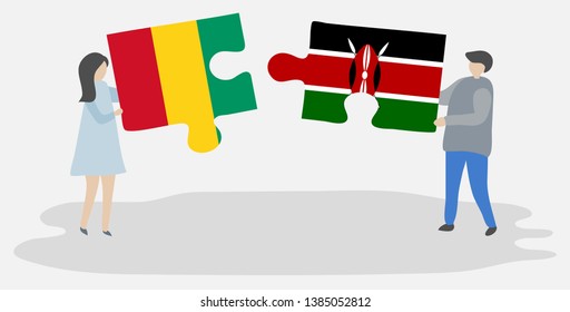 Couple holding two puzzles pieces with Guinean and Kenyan flags. Guinea and Kenya national symbols together.
