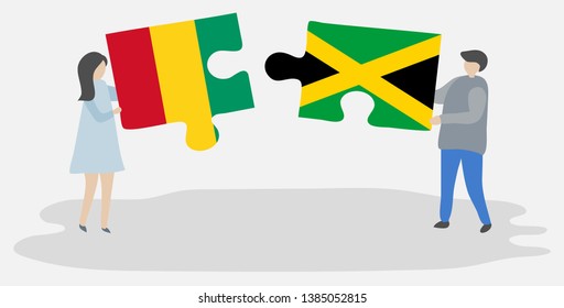 Couple holding two puzzles pieces with Guinean and Jamaican flags. Guinea and Jamaica national symbols together.