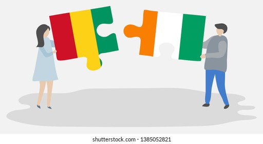 Couple holding two puzzles pieces with Guinean and Ivorian flags. Guinea and Ivory Coast national symbols together.