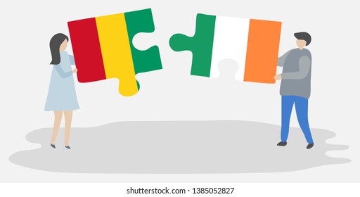 Couple holding two puzzles pieces with Guinean and Irish flags. Guinea and Ireland national symbols together.