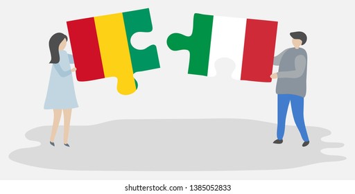 Couple holding two puzzles pieces with Guinean and Italian flags. Guinea and Italy national symbols together.