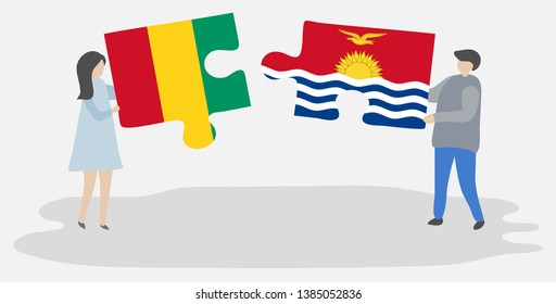 Couple holding two puzzles pieces with Guinean and I-Kiribati flags. Guinea and Kiribati national symbols together.