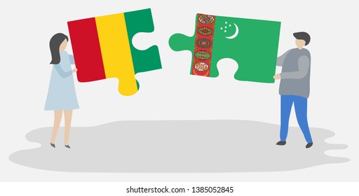 Couple holding two puzzles pieces with Guinean and Turkmen flags. Guinea and Turkmenistan national symbols together.