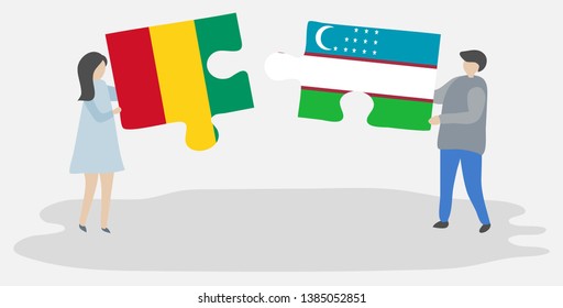 Couple holding two puzzles pieces with Guinean and Uzbek flags. Guinea and Uzbekistan national symbols together.