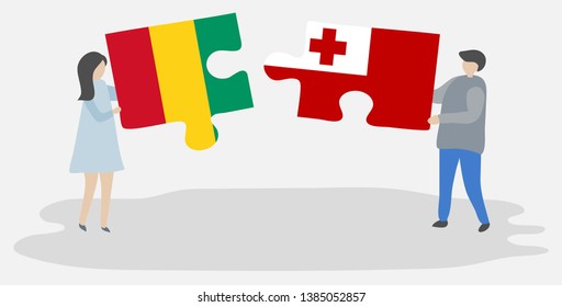 Couple holding two puzzles pieces with Guinean and Tongan flags. Guinea and Tonga national symbols together.