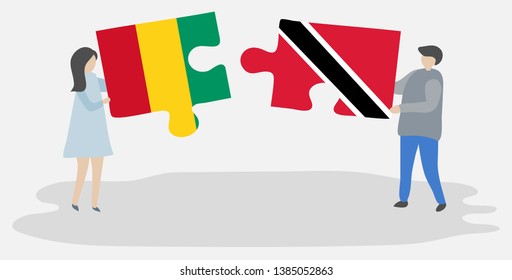 Couple holding two puzzles pieces with Guinean and Trinidadian flags. Guinea and Trinidad and Tobago national symbols together.