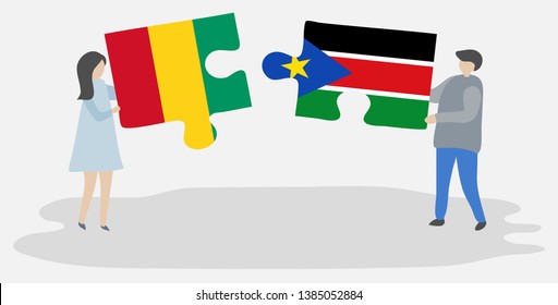 Couple holding two puzzles pieces with Guinean and South Sudanese flags. Guinea and South Sudan national symbols together.