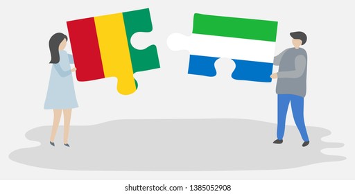 Couple holding two puzzles pieces with Guinean and Sierra Leonean flags. Guinea and Sierra Leone national symbols together.