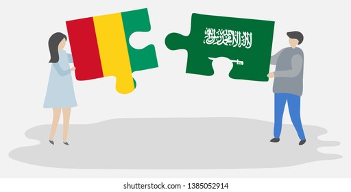 Couple holding two puzzles pieces with Guinean and Saudi Arabian flags. Guinea and Saudi Arabia national symbols together.