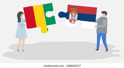 Couple holding two puzzles pieces with Guinean and Serbian flags. Guinea and Serbia national symbols together.