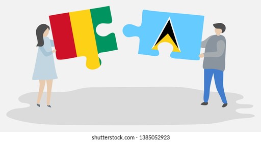 Couple holding two puzzles pieces with Guinean and Saint Lucian flags. Guinea and Saint Lucia national symbols together.