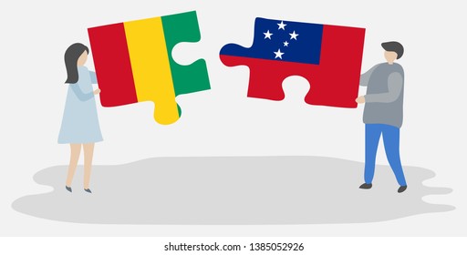 Couple Holding Two Puzzles Pieces With Guinean And Samoan Flags. Guinea And Samoa National Symbols Together.