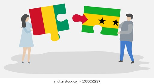 Couple holding two puzzles pieces with Guinean and Sao Tomean flags. Guinea and Sao Tome and Principe national symbols together.