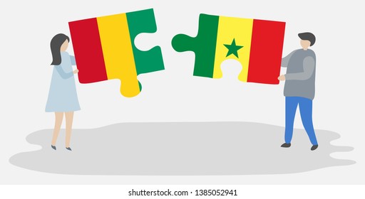 Couple holding two puzzles pieces with Guinean and Senegalese flags. Guinea and Senegal national symbols together.