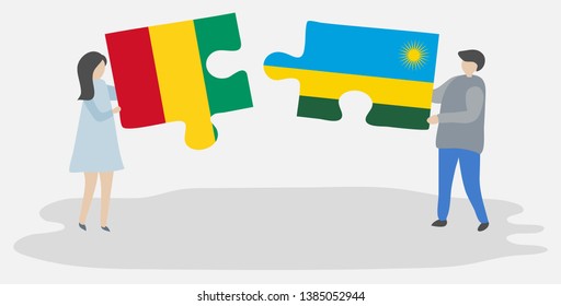 Couple holding two puzzles pieces with Guinean and Rwandan flags. Guinea and Rwanda national symbols together.