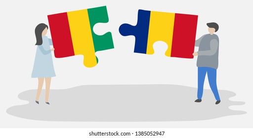 Couple holding two puzzles pieces with Guinean and Romanian flags. Guinea and Romania national symbols together.