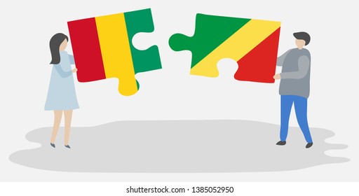 Couple holding two puzzles pieces with Guinean and Congolese flags. Guinea and Republic of the Congo national symbols together.