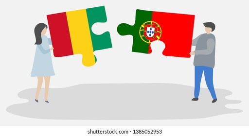 Couple holding two puzzles pieces with Guinean and Portuguese flags. Guinea and Portugal national symbols together.
