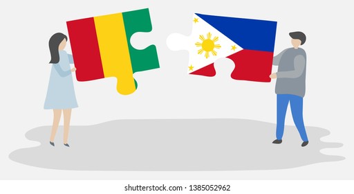 Couple holding two puzzles pieces with Guinean and Filipino flags. Guinea and Philippines national symbols together.