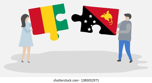 Couple holding two puzzles pieces with Guinean and Papuan flags. Guinea and Papua New Guinea national symbols together.