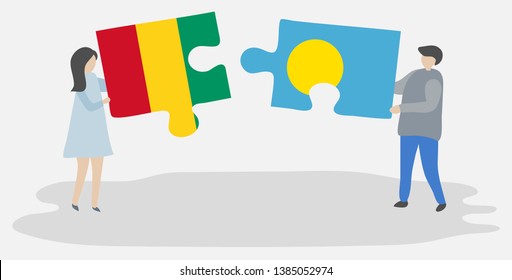 Couple holding two puzzles pieces with Guinean and Palauan flags. Guinea and Palau national symbols together.