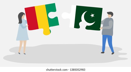 Couple holding two puzzles pieces with Guinean and Pakistani flags. Guinea and Pakistan national symbols together.