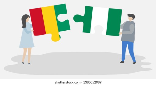 Couple holding two puzzles pieces with Guinean and Nigerian flags. Guinea and Nigeria national symbols together.