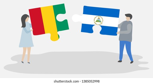 Couple holding two puzzles pieces with Guinean and Nicaraguan flags. Guinea and Nicaragua national symbols together.
