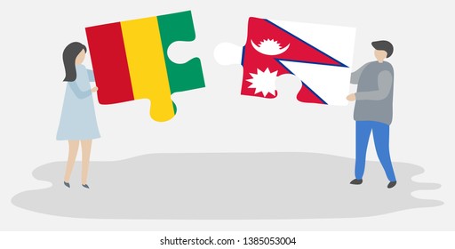 Couple holding two puzzles pieces with Guinean and Nepalese flags. Guinea and Nepal national symbols together.