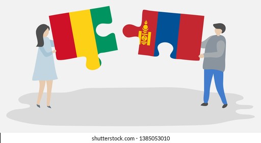 Couple holding two puzzles pieces with Guinean and Mongolian flags. Guinea and Mongolia national symbols together.