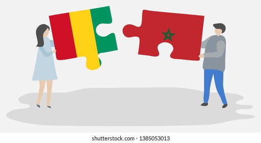 Couple holding two puzzles pieces with Guinean and Moroccan flags. Guinea and Morocco national symbols together.