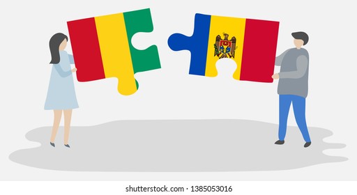 Couple holding two puzzles pieces with Guinean and Moldovan flags. Guinea and Moldova national symbols together.