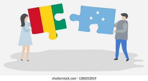 Couple holding two puzzles pieces with Guinean and Micronesian flags. Guinea and Micronesia national symbols together.