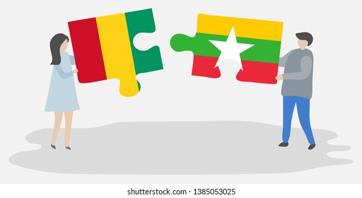 Couple holding two puzzles pieces with Guinean and Burmese flags. Guinea and Myanmar national symbols together.