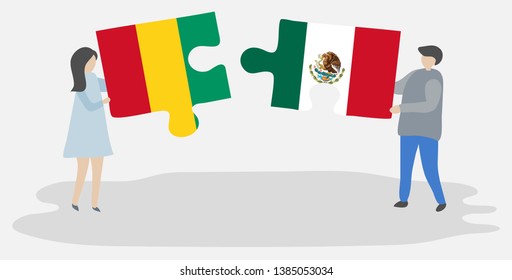 Couple holding two puzzles pieces with Guinean and Mexican flags. Guinea and Mexico national symbols together.